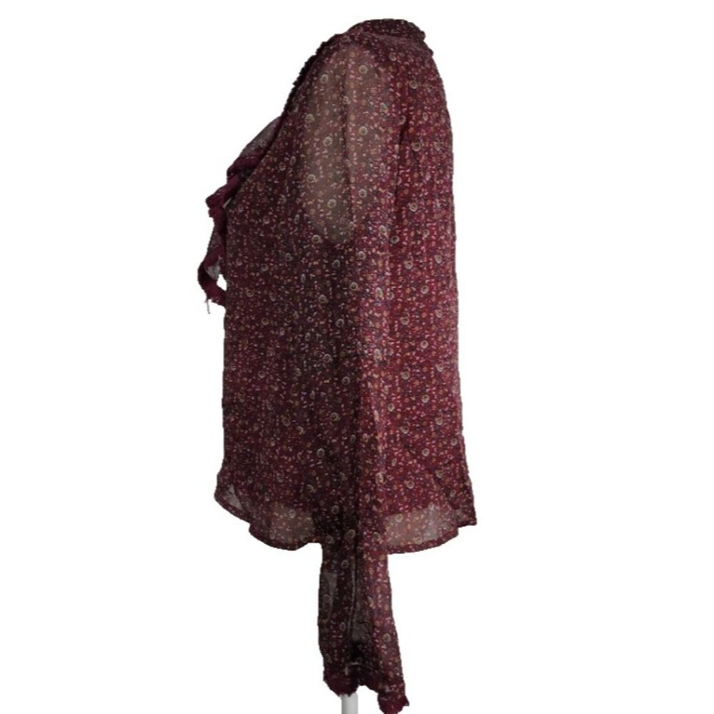 Blush Noir Women’s Floral Sheer Lined Ruffle Blouse Sz Large Burgundy Neck Bib - Picture 3 of 12